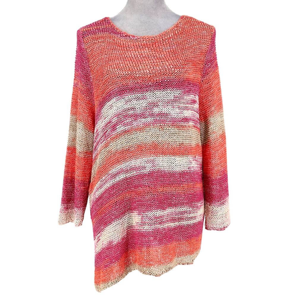 Chicos Sweater 3 Womens XL 16 Pink Stripe Cotton Knit Madelyn Asymmetric Hem New